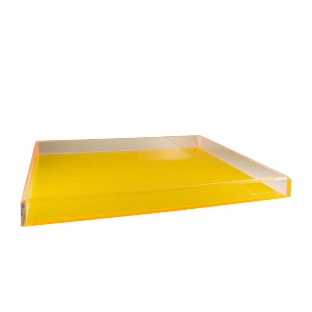 Yellow/clear acrylic Alexandra von Furstenberg large tray w/ brand stamp at side